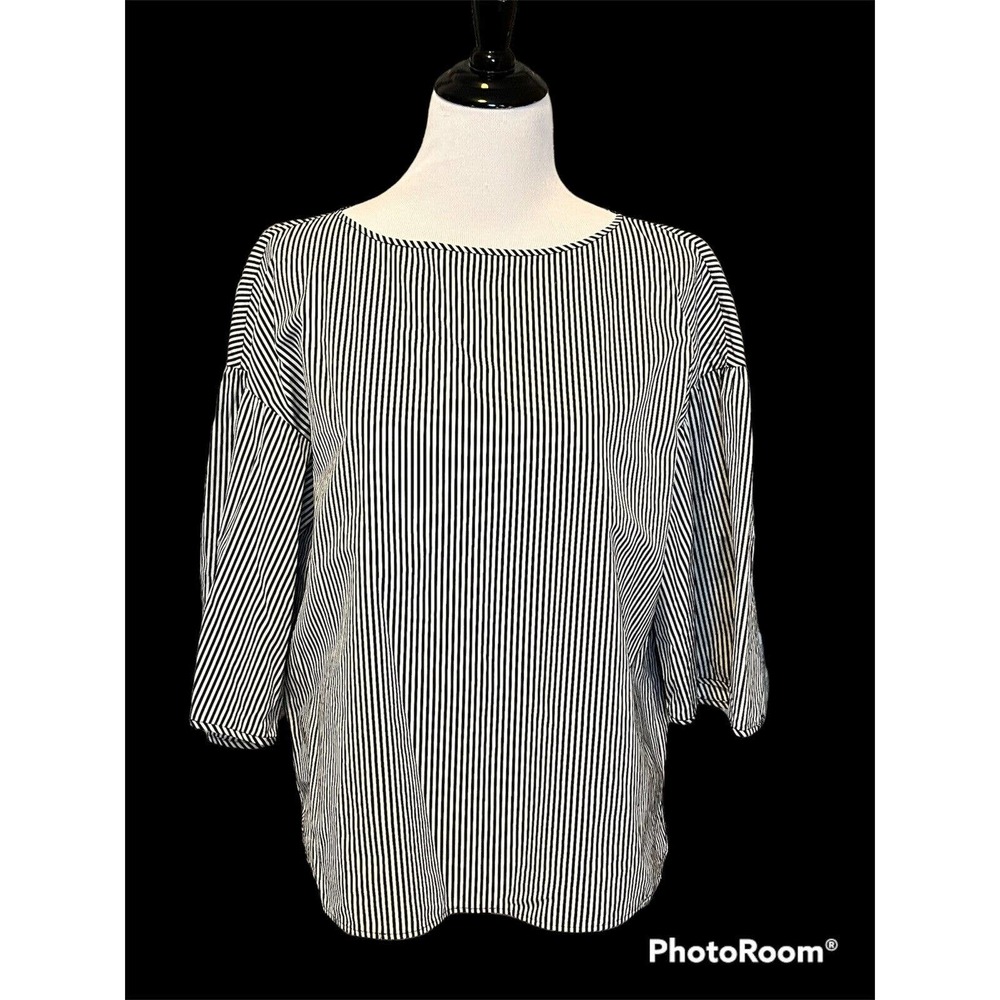 Lafayette 148 •M• Tunic Top Black White Stripe Cotton Flare Bell Sleeve Shirt